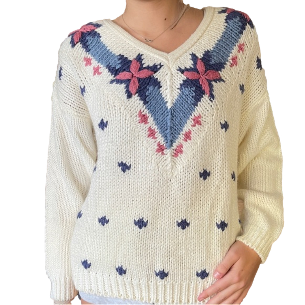 Vintage 90s Sweater V Neck Floral Embroidery Medium